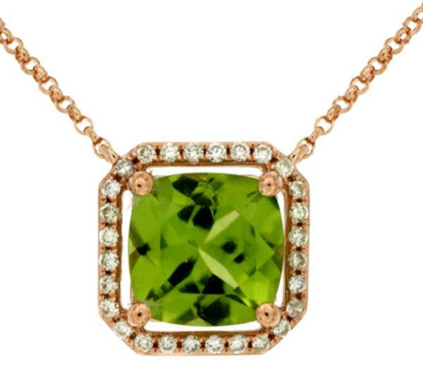 2.14CT DIAMOND & AAA PERIDOT 14K ROSE GOLD CUSHION & ROUND HALO OCTAGON NECKLACE