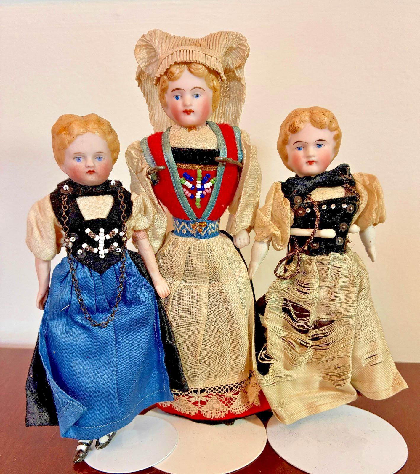 3 Antique German Bisque shoulderhead dolls in ORIGINAL Regional costuming