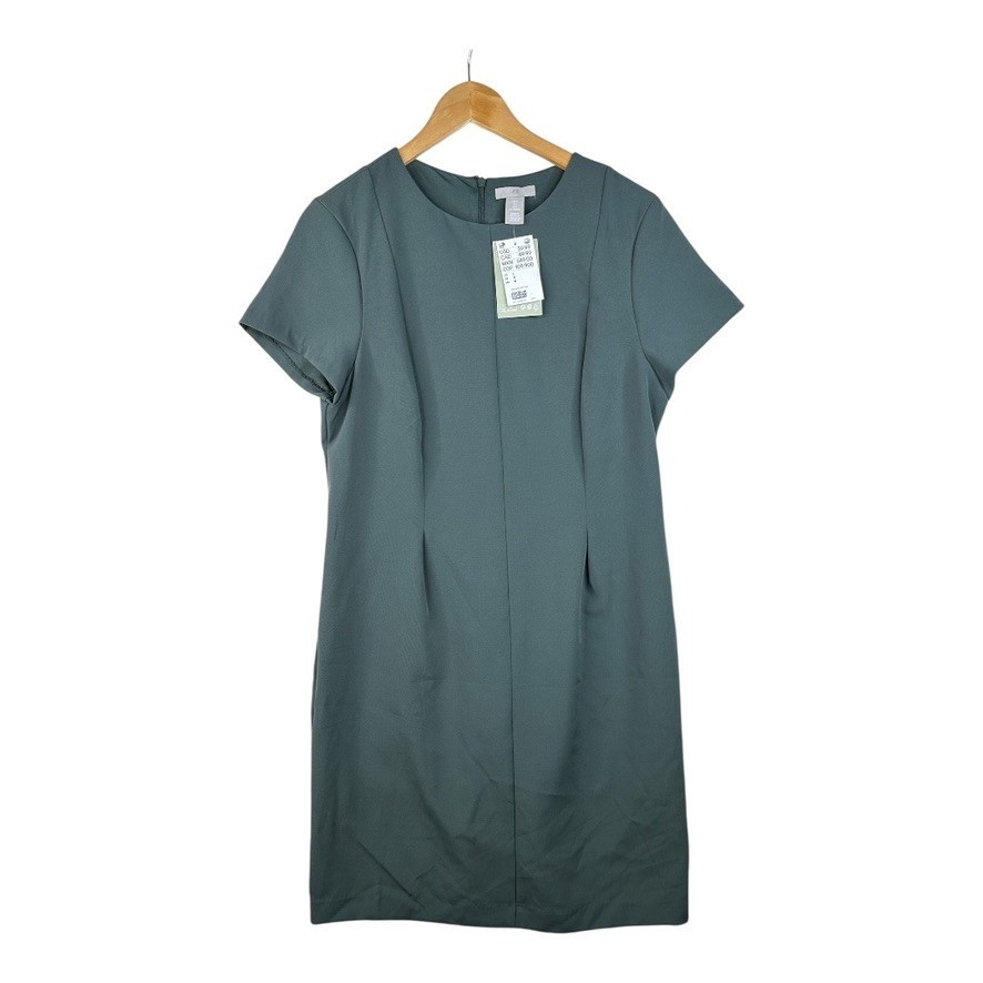 New H&M Short Sleeve Pleated Sheath Zip Back Dress size Large Green New H&M Short Sleeve Pleated Sheath Zip Back Dress size Large Green