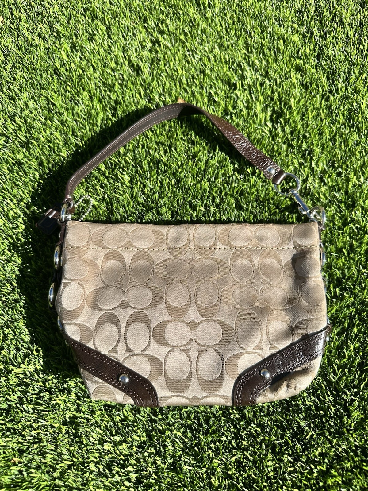 Vintage Coach Signature Beige Brown Small Shoulder Bag Zip