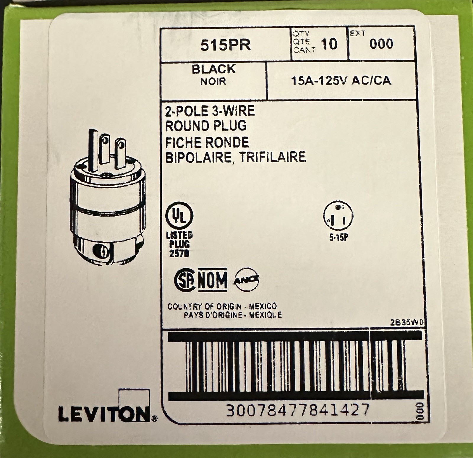 Leviton 515PR 15A 125V 2-Pole 3-Wire Black Rubber Plug – NEMA 5-15P (Box Of-10) Leviton 515PR 15A 125V 2-Pole 3-Wire Black Rubber Plug – NEMA 5-15P (Box Of-10)
