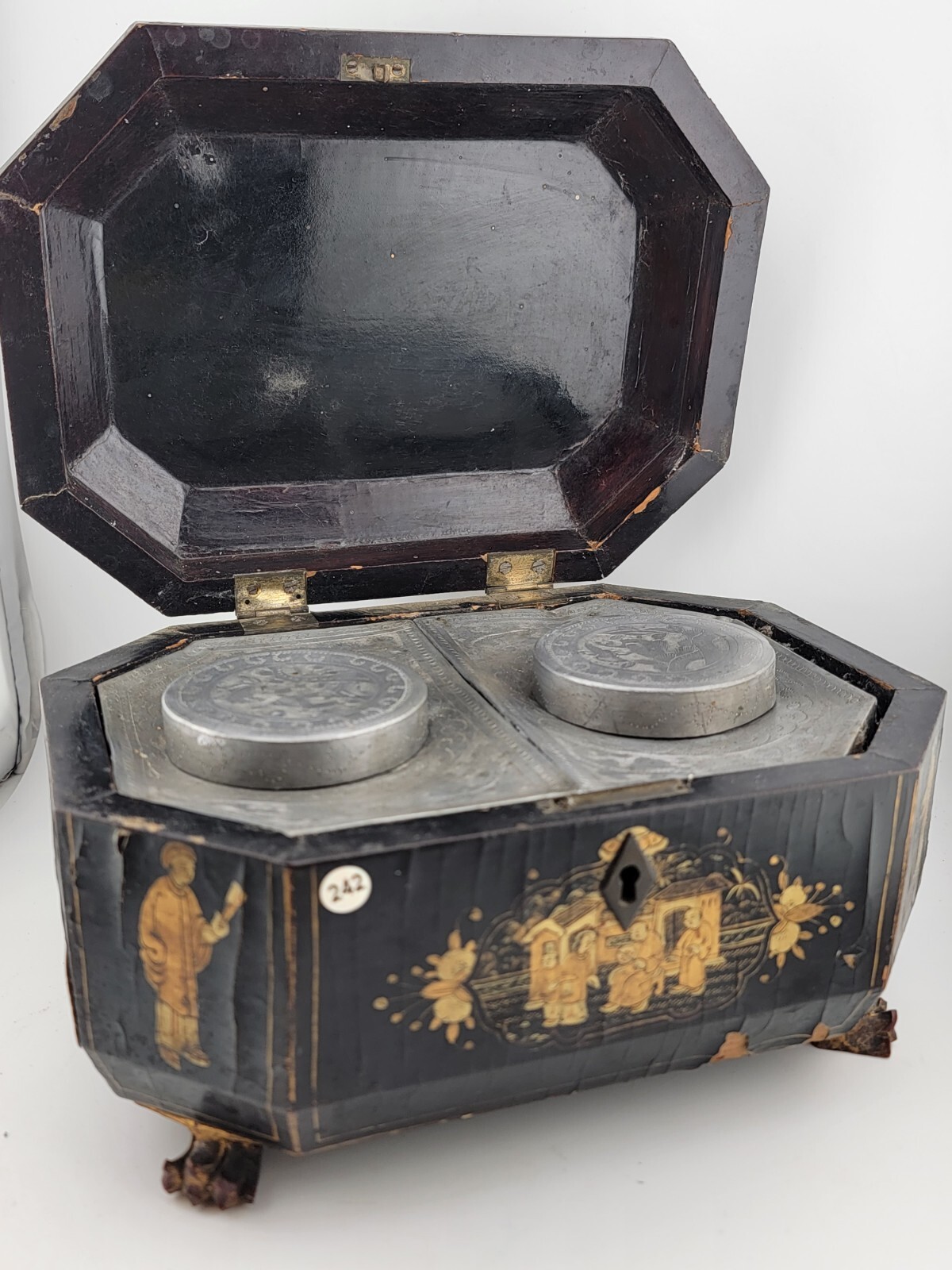 Rare 1800's Antique Chinese Gilt Lacquered Tea Caddy w/ Pewter Containers. Rare 1800's Antique Chinese Gilt Lacquered Tea Caddy w/ Pewter Containers.