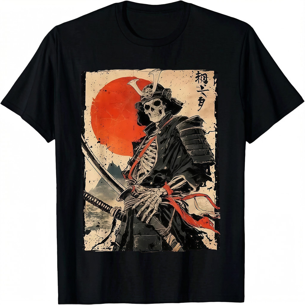 100% Cotton Japan Samurai Warrior Skeleton Ukiyo Ink Artwork Samurai