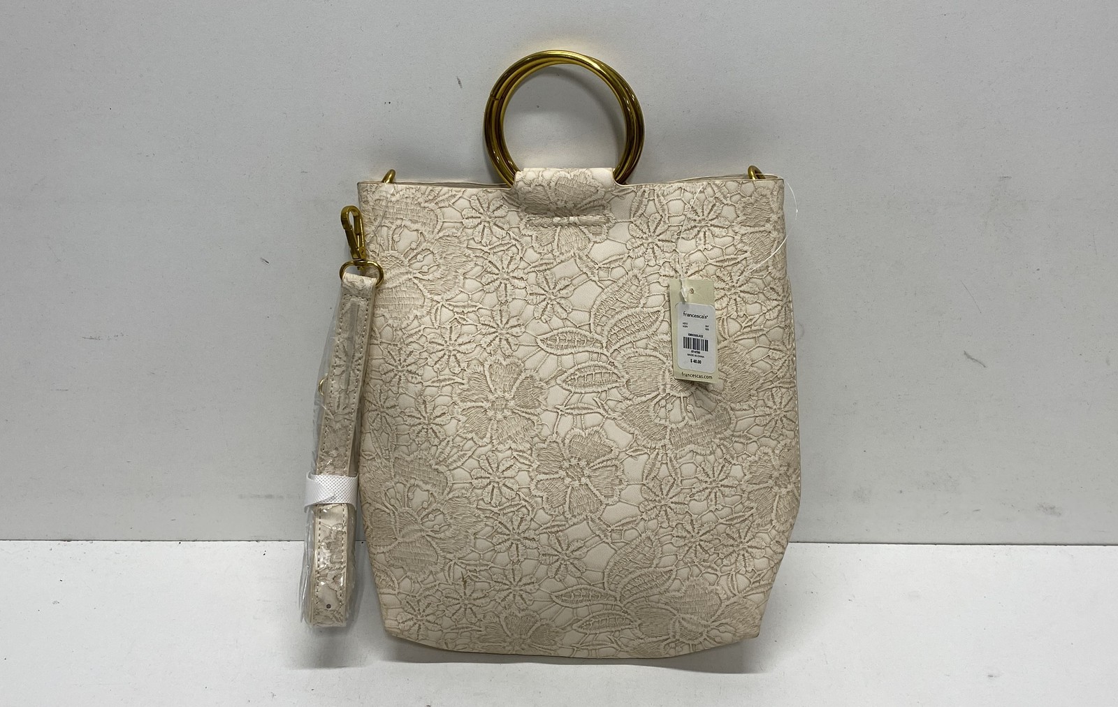 francesca\'s Ivory Embossed Lace Ring Handle Crossbody Bag