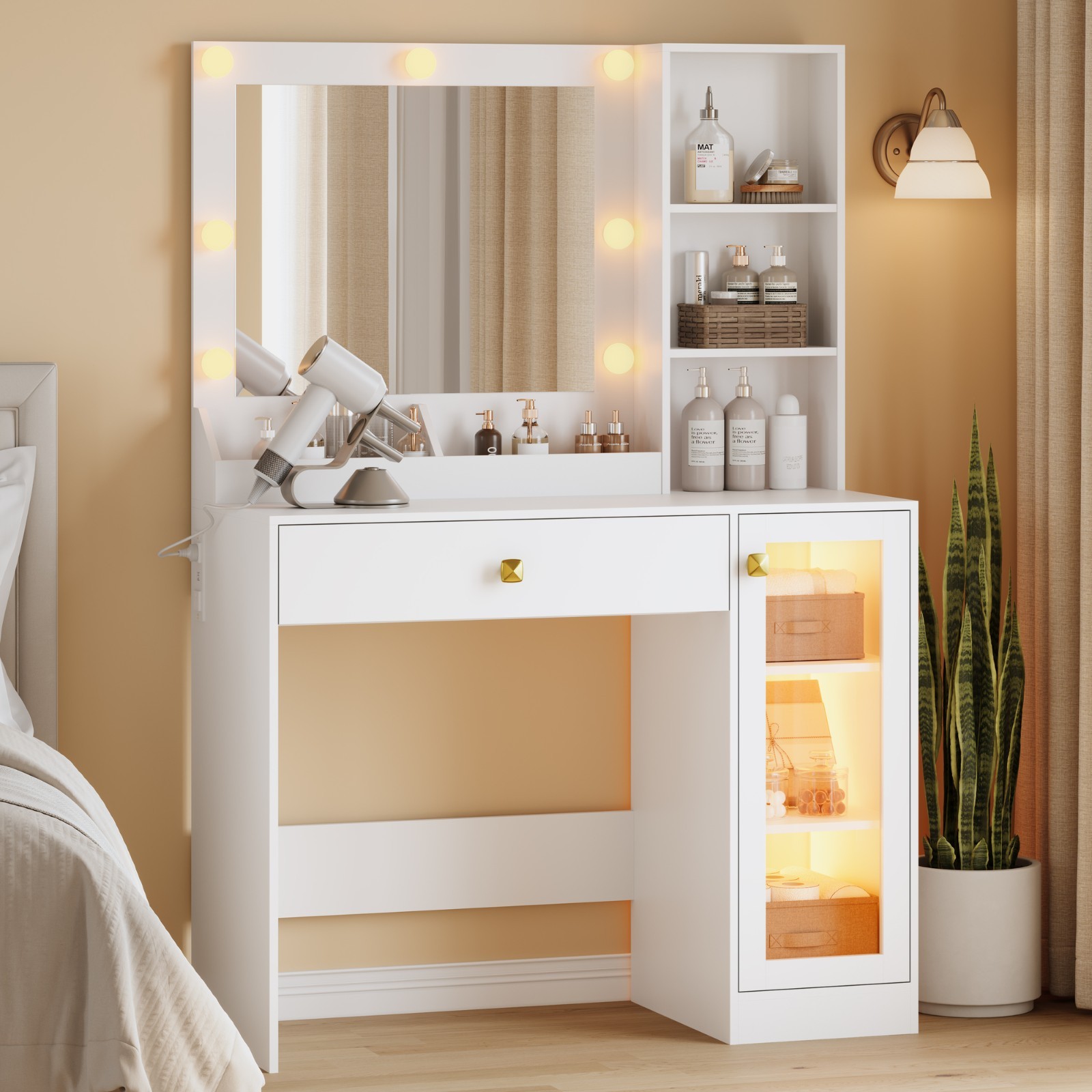 Small Makeup Vanity with Mirror and Lights, Charging Station & RGB Glass Cabinet Small Makeup Vanity with Mirror and Lights, Charging Station & RGB Glass Cabinet