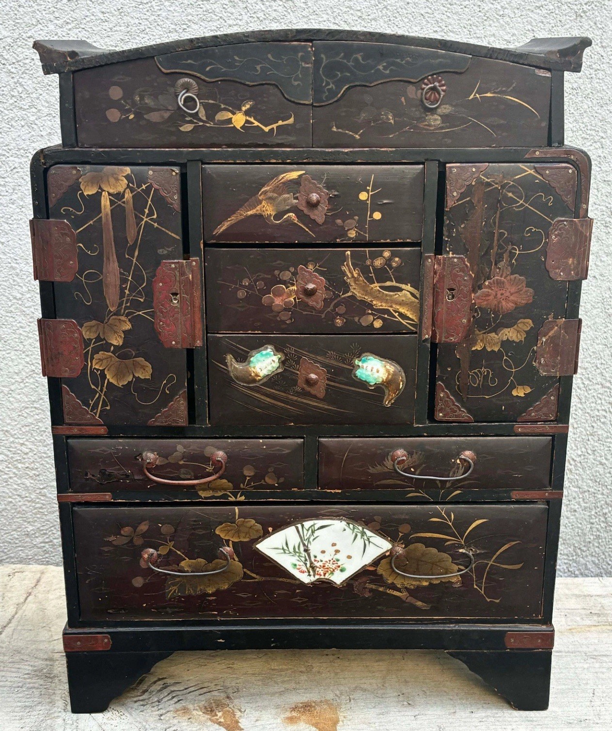 Antique Japanese Meiji Kodansu Lacquer Cabinet Birds Flowers 10 Drawer 16”