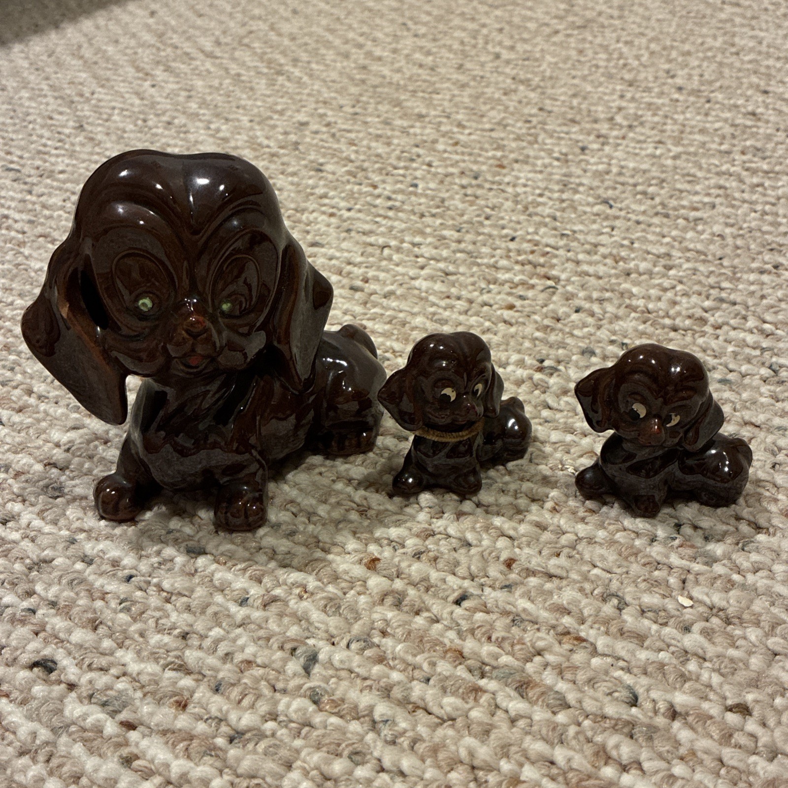 Vintage Brown Ceramic Mom Dog With Green Rhinstone Eyes & 2 Puppies Artmark Vintage Brown Ceramic Mom Dog With Green Rhinstone Eyes & 2 Puppies Artmark