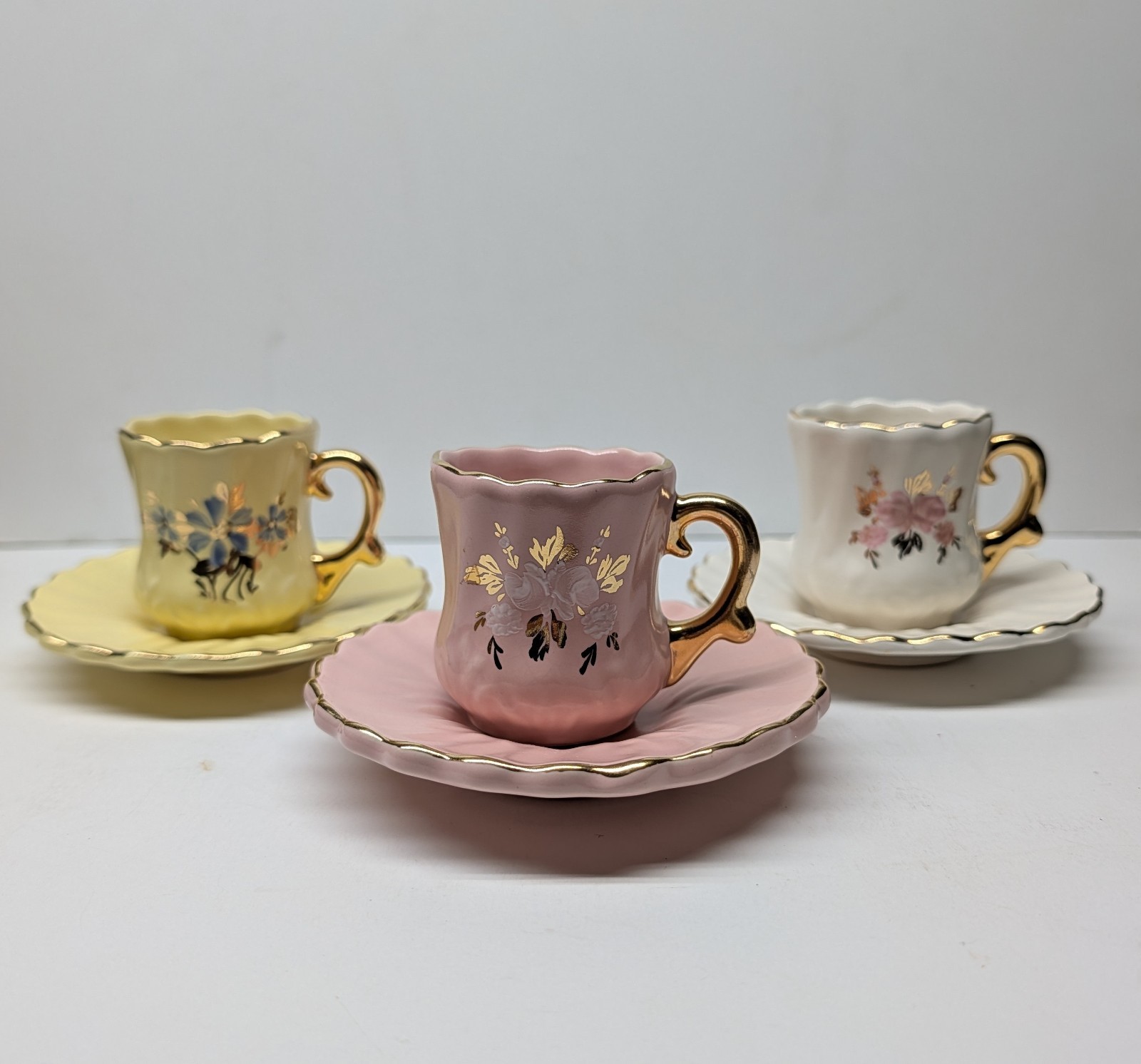 Three Vintage Camark Nor-So Hand Painted Art Pottery Cups with Saucers Three Vintage Camark Nor-So Hand Painted Art Pottery Cups with Saucers