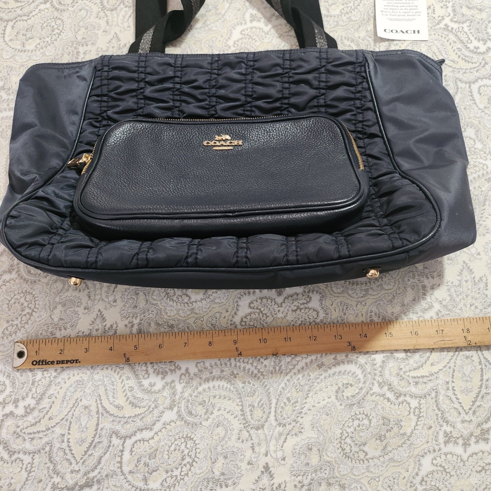 Coach Court Tote Bag Recycled Nylon Ruched Pebble Leather Black Gold C4093 NEW