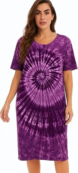 Women\'s Tie Dye Cotton Nightgown Short Sleeve Henley Sleep Shirt Purple X~Large