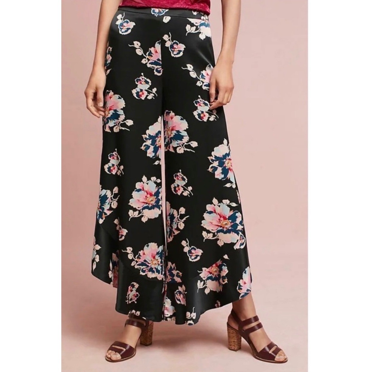 Elevenses Anthropologie Black Floral Satin Wide Leg Ruffle Hem Pants Size 2 Elevenses Anthropologie Black Floral Satin Wide Leg Ruffle Hem Pants Size 2