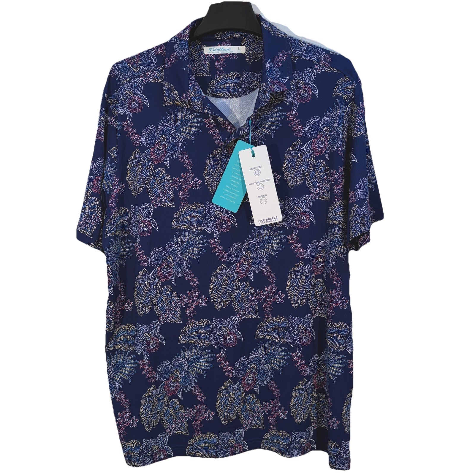 vintage caribbean joe hawaiian Golf Polo Leaf Geometric L Blue Performance Shirt