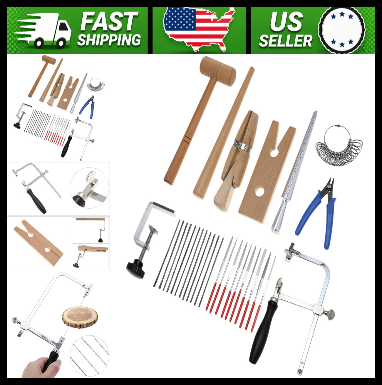 QWORK Jewelers Making Tools Set with Saw, Blades, Bench Pin, Ring Sizer, Hammer QWORK Jewelers Making Tools Set with Saw, Blades, Bench Pin, Ring Sizer, Hammer