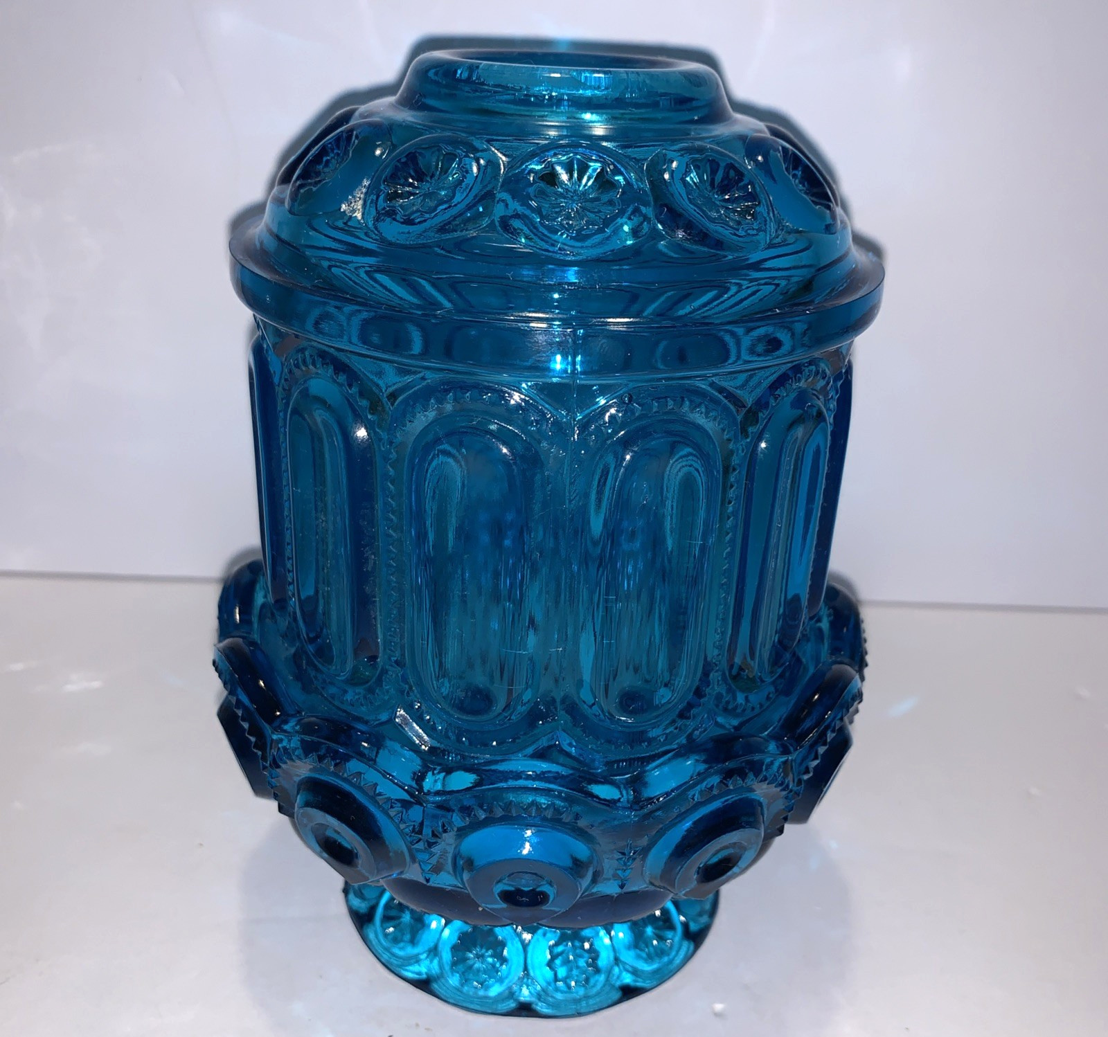 Vtg LE Smith Blue Moon and & Stars Fairy Lamp L.E. Cut Glass Candle Holder Light