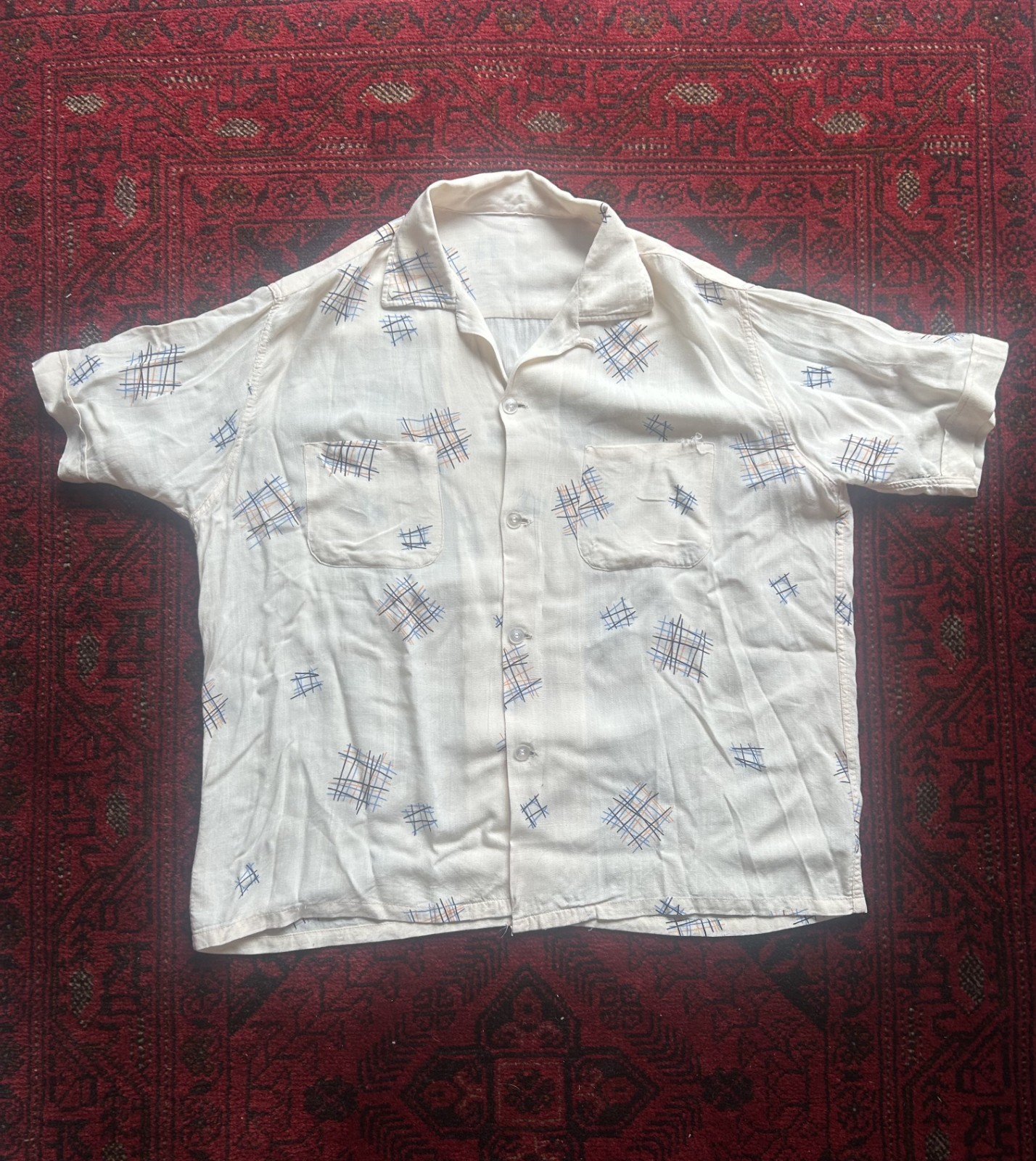 VTG 40s 50s White Rayon Loop Collar Novelty Print Shirt L Atomic Rockabilly