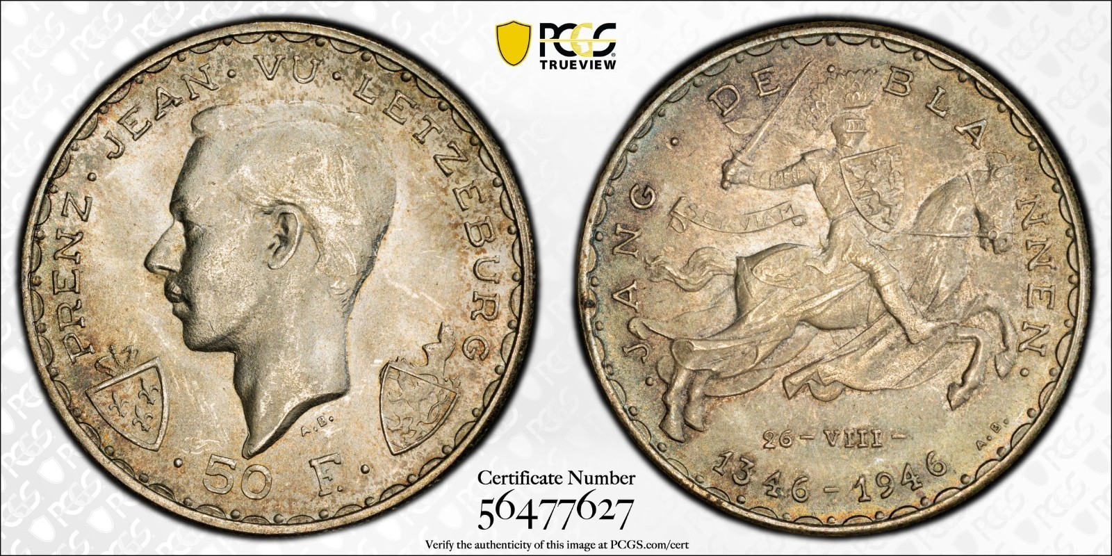 1946 Luxembourg 50 Francs  PCGS MS 66  Flashy, Very Appealing Original Gem