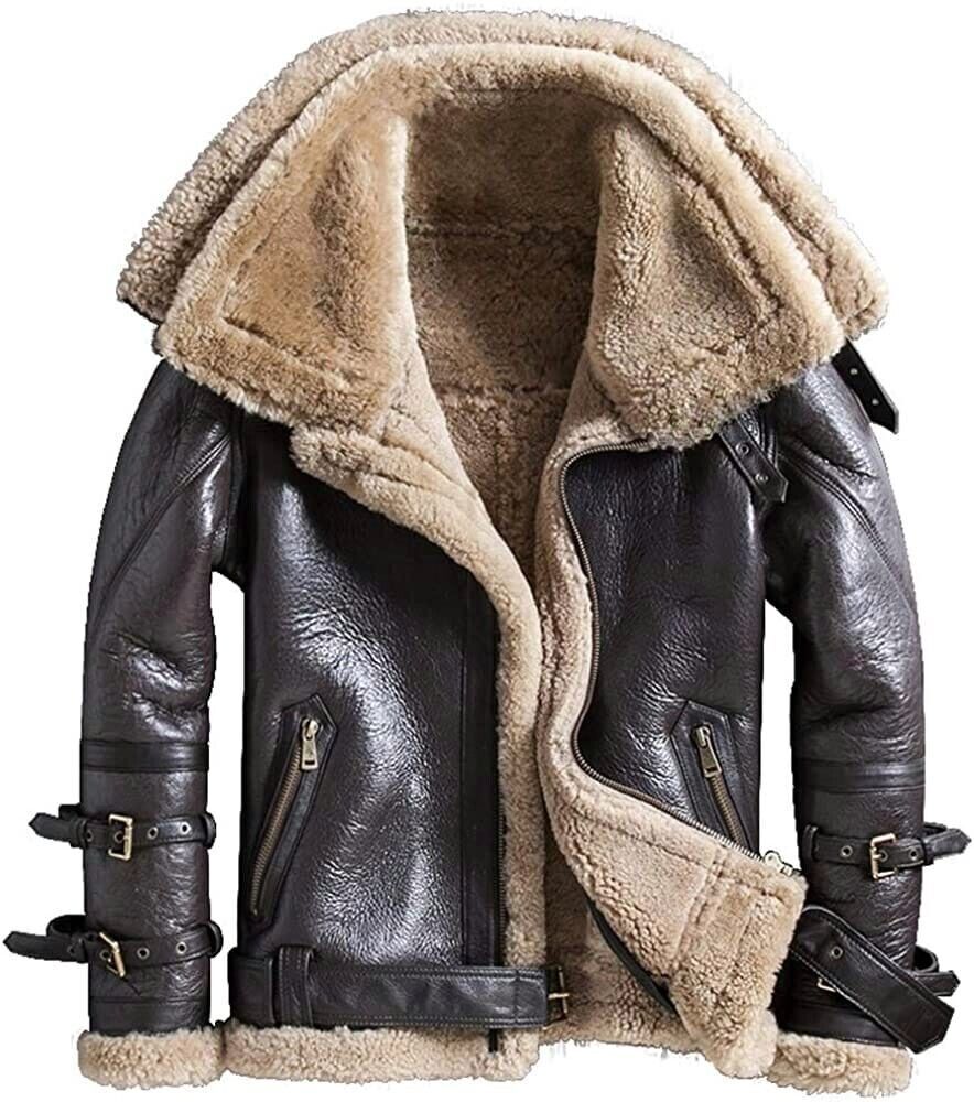 Women\'s Aviator RAF Bomber Flying leather Jacket Double Collar Shearling Coat N9