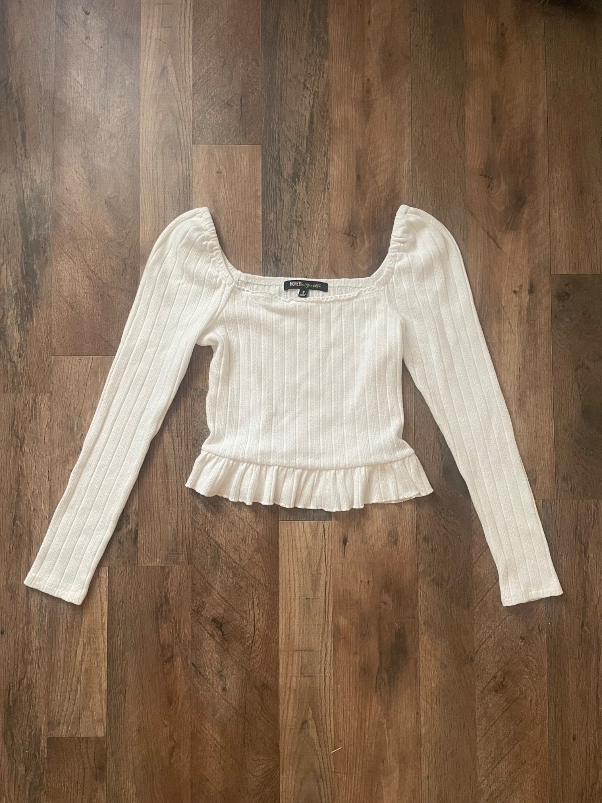 Honey & Sparkle Cream Ribbed Square Neck Ruffle Top Cottagecore Coquette Y2K S