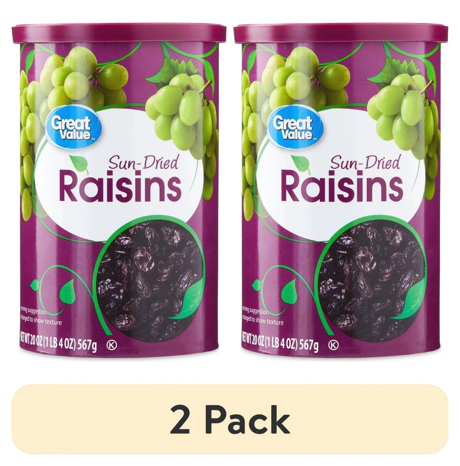 (2 pack) Great Value Sun-Dried Raisins Canister, 20 oz (1lb 4oz) 567g (2 pack) Great Value Sun-Dried Raisins Canister, 20 oz (1lb 4oz) 567g