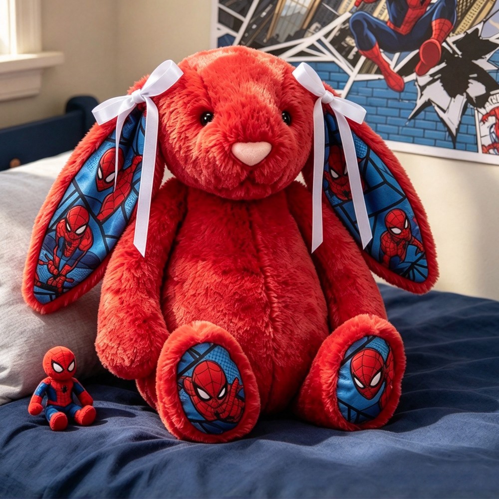 Jelly Spider-Man Bunny Plush Stuffed Animal Red Rabbit White Bows Superhero Toy