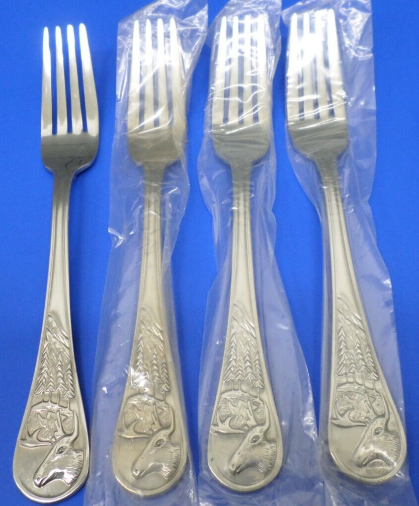 4 - Cambridge CARIBOU Deer Elk Trees Moose Satin Stainless Flatware DINNER FORKS 4 - Cambridge CARIBOU Deer Elk Trees Moose Satin Stainless Flatware DINNER FORKS