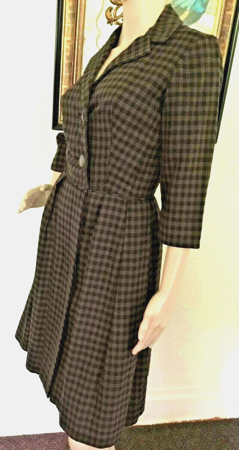 40’s Vintage Black Brown Gingham “Junior Set” Rockabilly Coat Dress 40’s Vintage Black Brown Gingham “Junior Set” Rockabilly Coat Dress