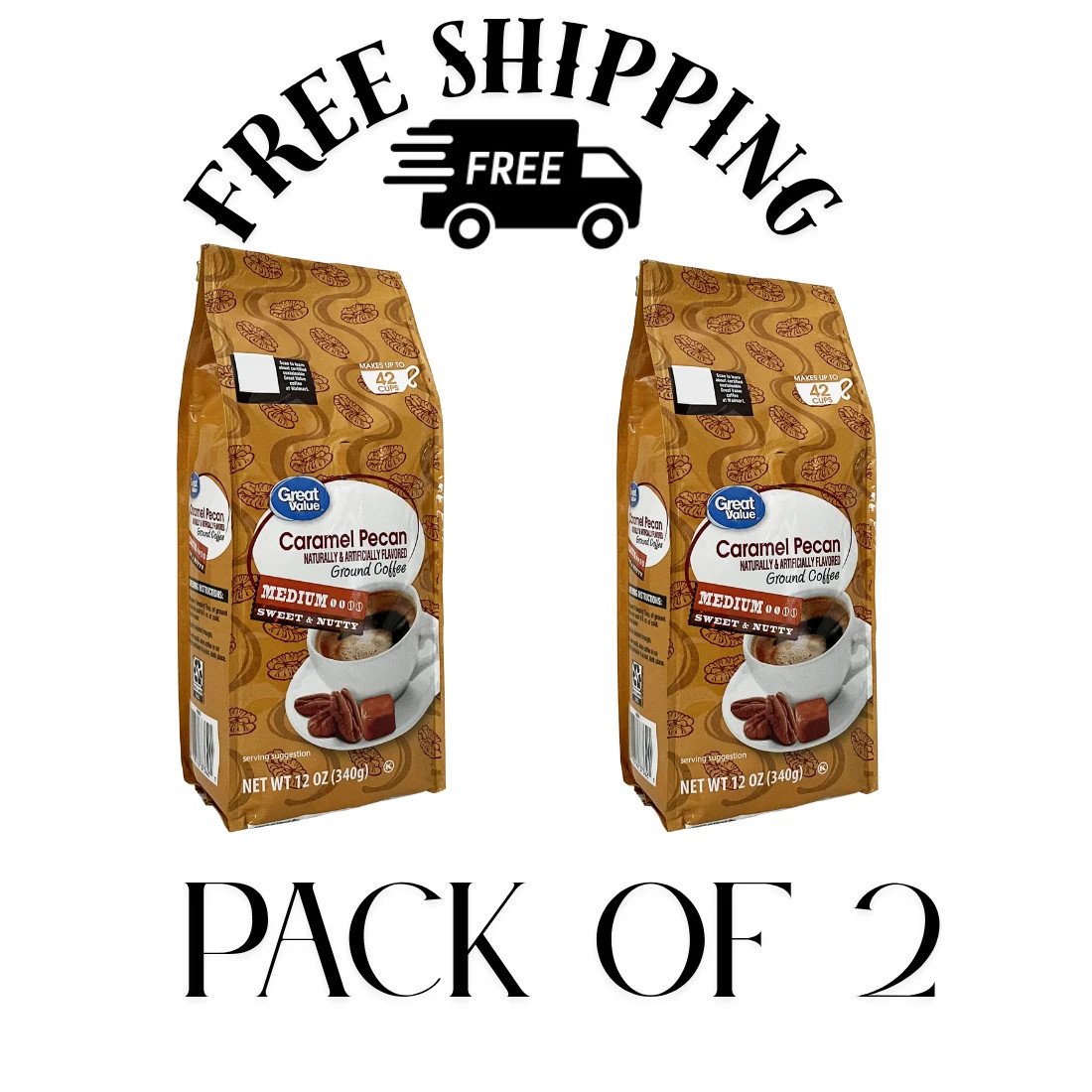(PACK OF 2) Great Value Caramel Pecan Ground Coffee, 12 oz (PACK OF 2) Great Value Caramel Pecan Ground Coffee, 12 oz