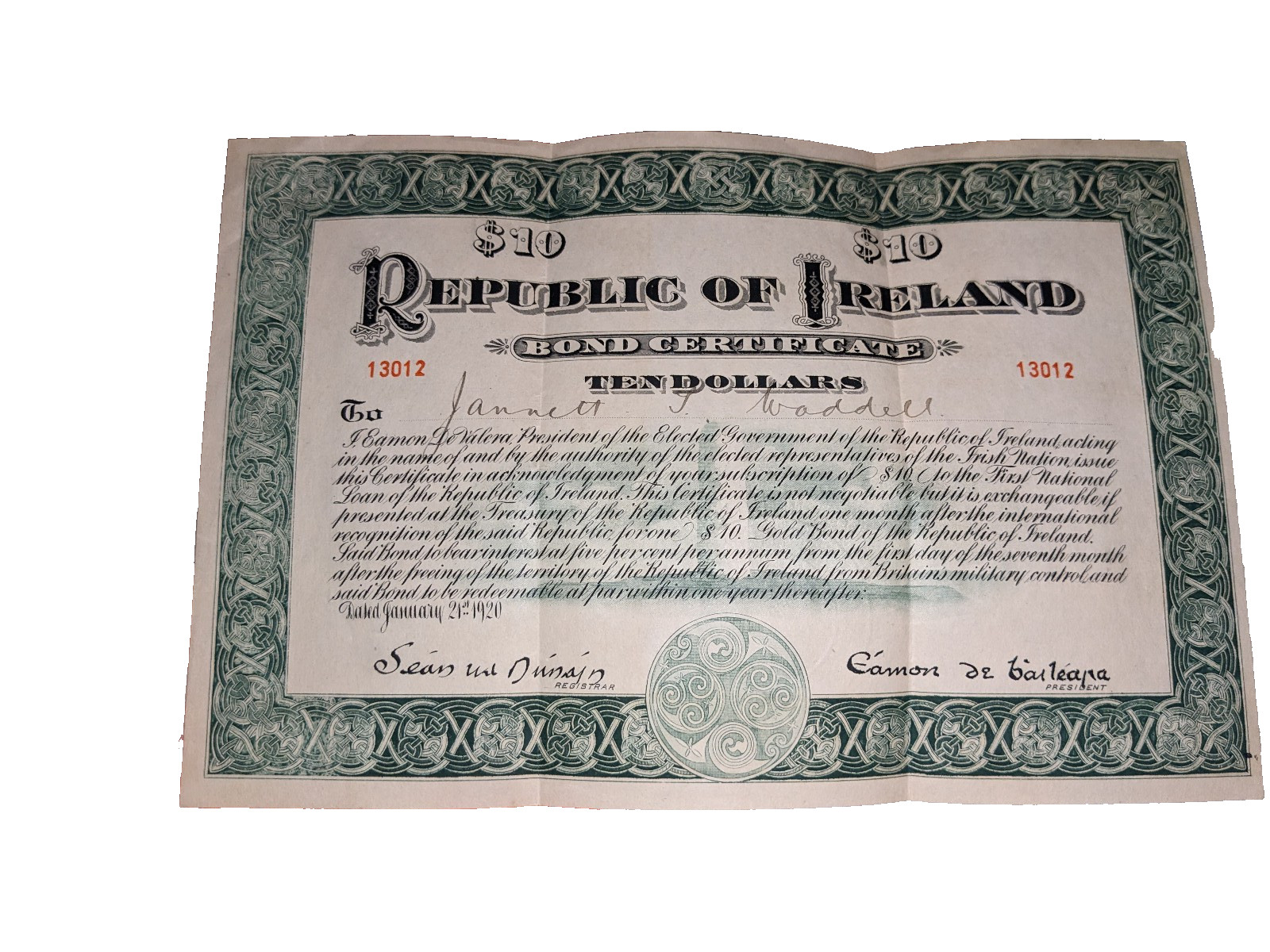 Republic Of Ireland 1920 $10 Historical Document Bond