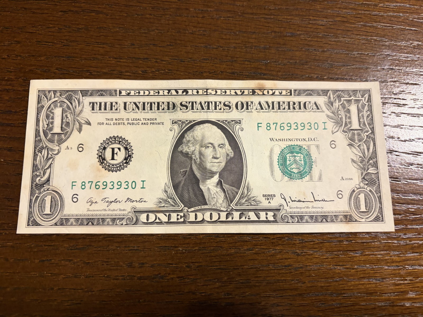 1977 A $1 Dollar Bill Almost Uncirculated One Dollar Note AU