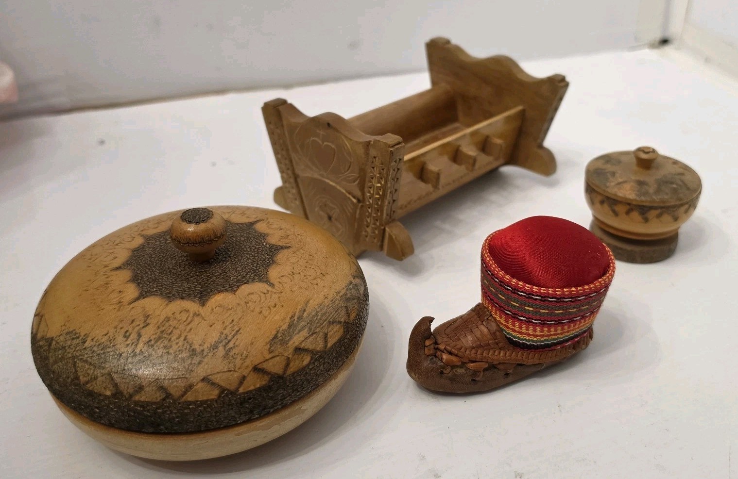 Vintage Hand Carved Wood Trinket Box Lot Balkan Folk Art Mini Cradle Pincushion Vintage Hand Carved Wood Trinket Box Lot Balkan Folk Art Mini Cradle Pincushion