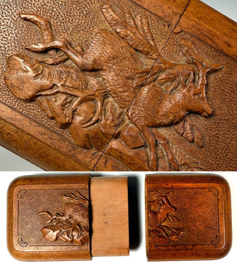 Pristine 19th C. Carved Linden Wood Cheroot or Cigar Case w Hunt Theme, Chamois
