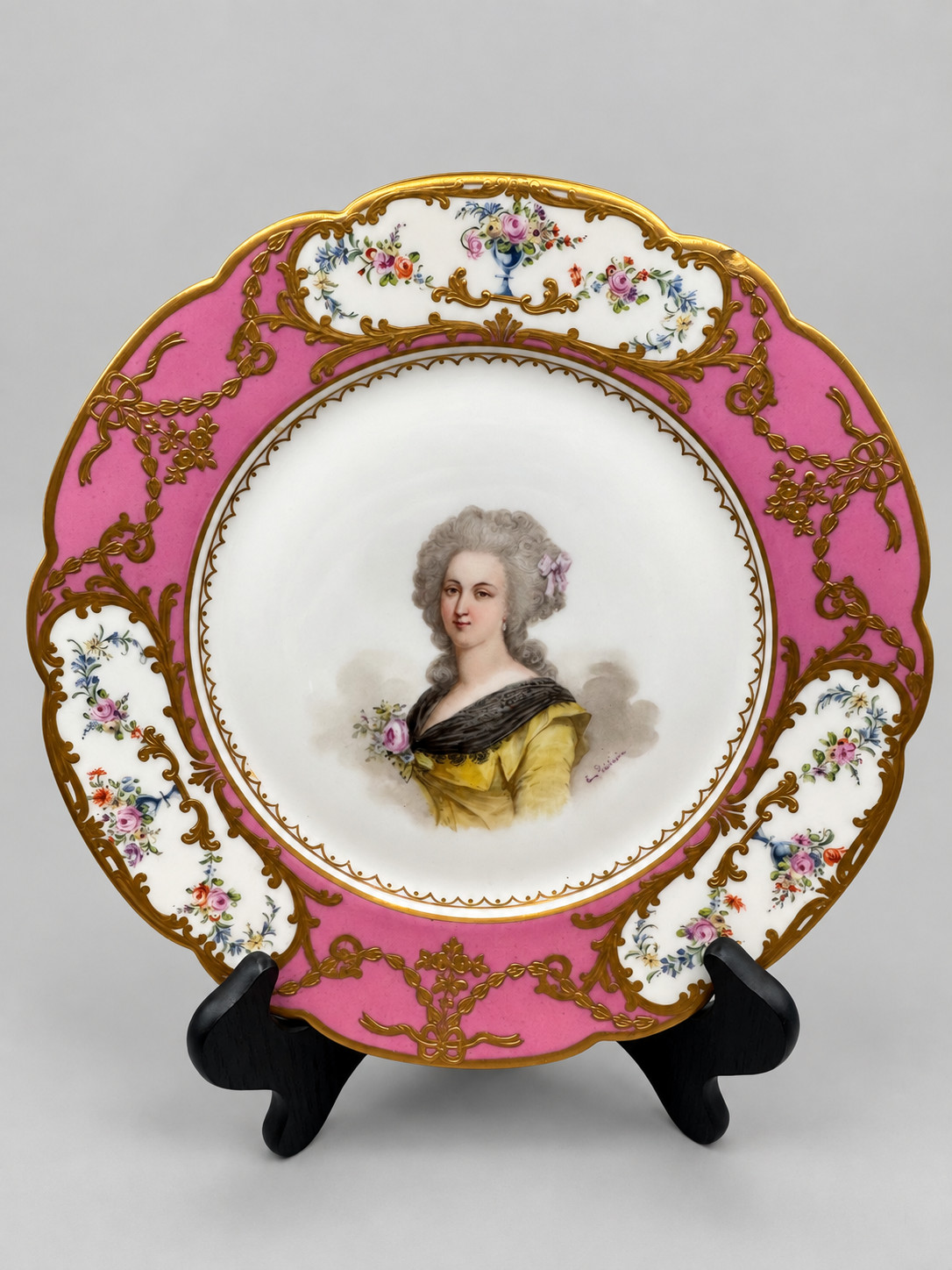 Antique Sevres Style French Porcelain Portrait Plate Gallois Pink Gilt- CHIPPED Antique Sevres Style French Porcelain Portrait Plate Gallois Pink Gilt- CHIPPED