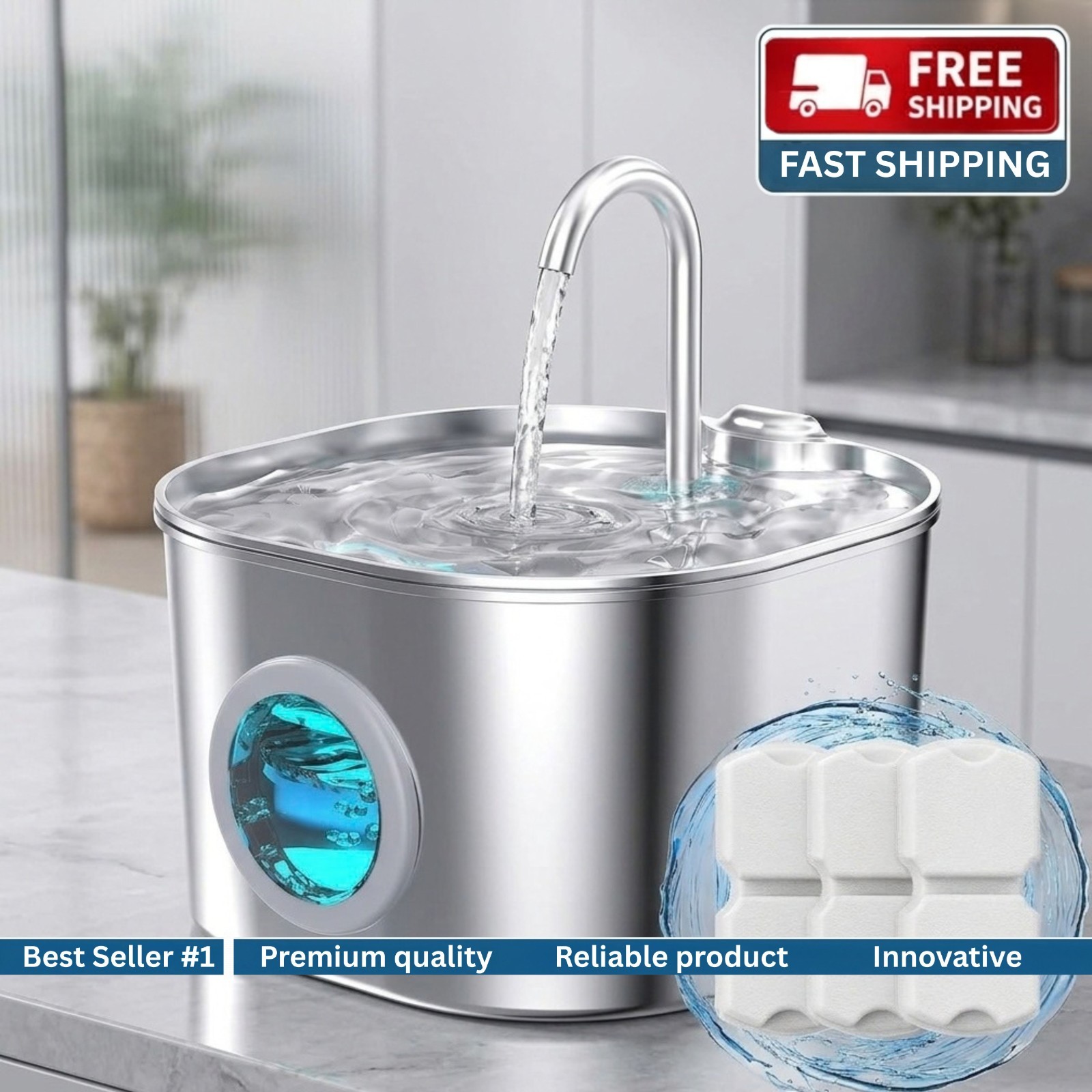 Stainless Steel Cat Water Fountain, 2.2L Quiet Filtered Automatic Pet Waterer