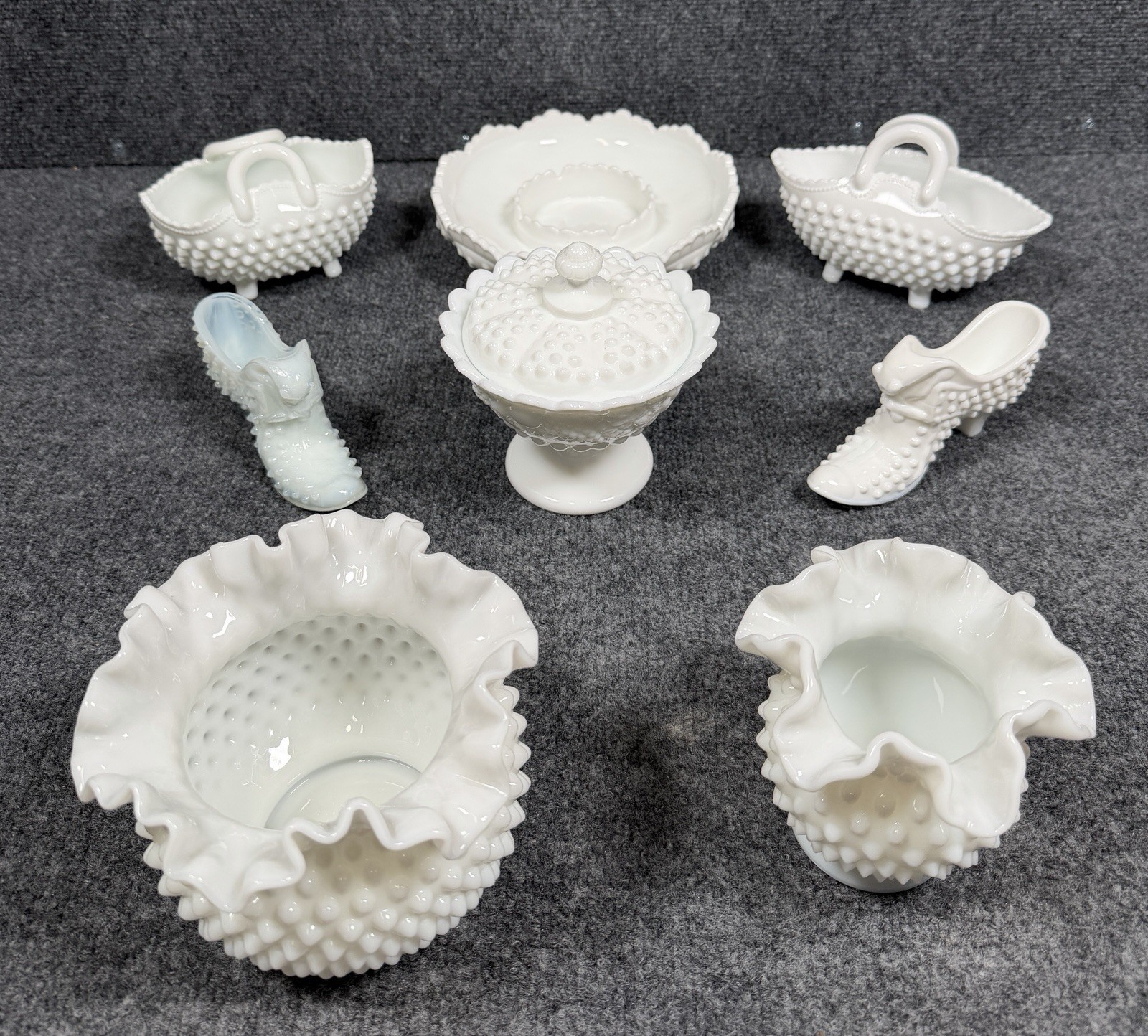 Vintage Fenton White Milk Glass Hobnail SET OF 8 Pieces (near Mint) Vintage Fenton White Milk Glass Hobnail SET OF 8 Pieces (near Mint)