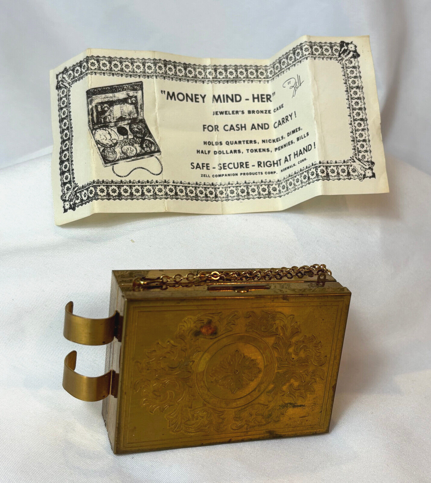 Vtg Zell Money Mind-Her Jeweler\'s Bronze Case Combo Cash & Carry Powder Box
