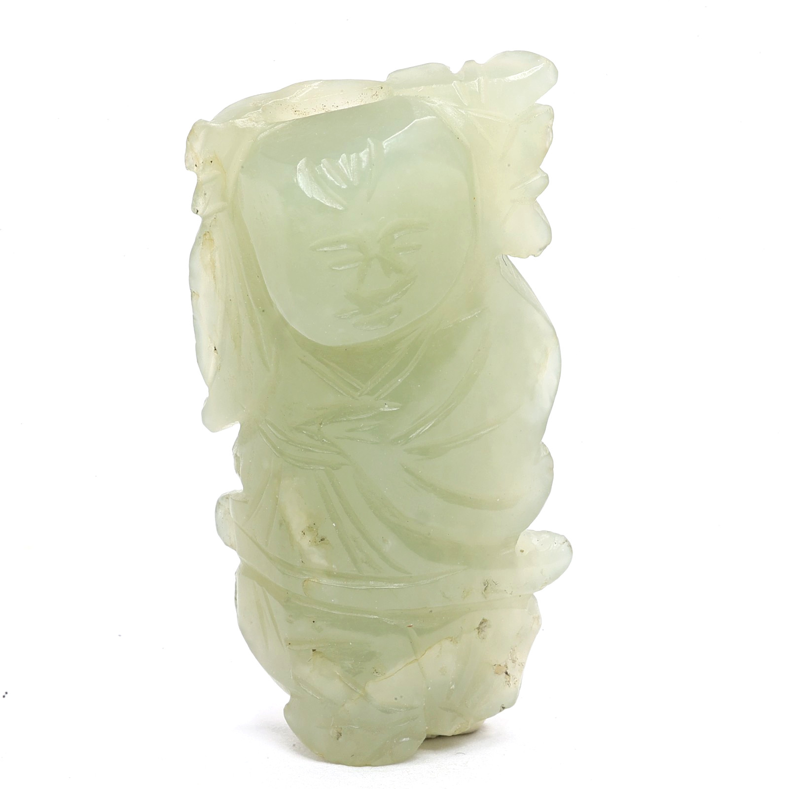 Antique 18 C Chinese Qing Dynasty Hetian Nephrite Jade Boy Holding Lotus Figure