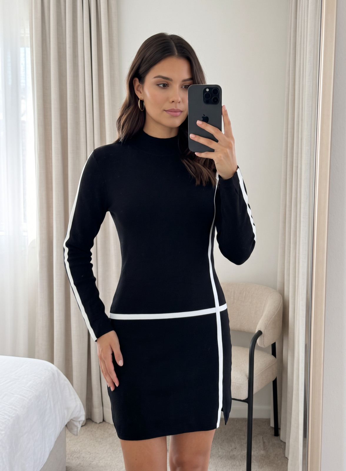 Reiss Annie Black Ivory High Neck Knit Mini Dress Contrast Trim