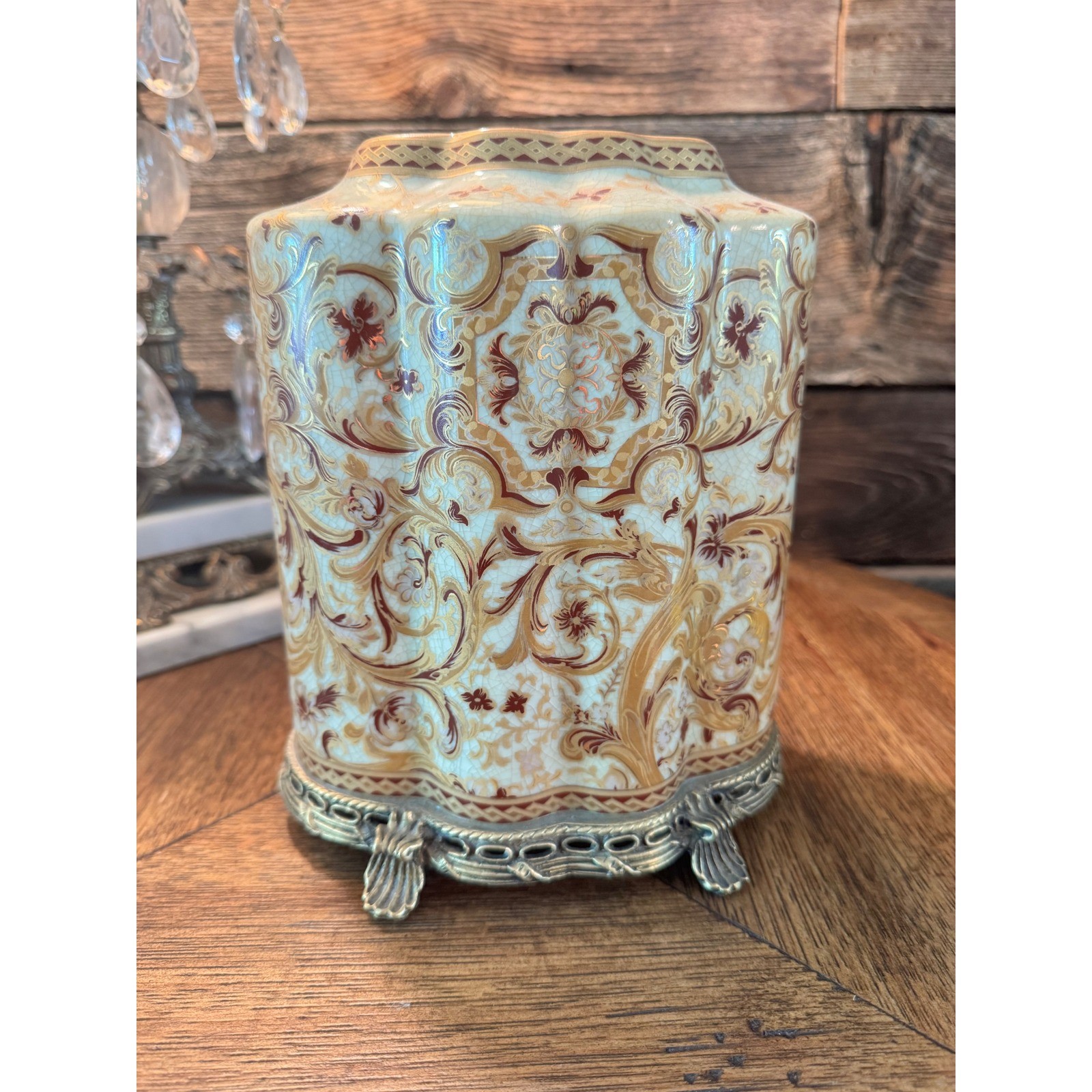 Amita Crackle Glaze Ceramic Jar with Ormolu Brass Base Floral Decorative Vase Amita Crackle Glaze Ceramic Jar with Ormolu Brass Base Floral Decorative Vase