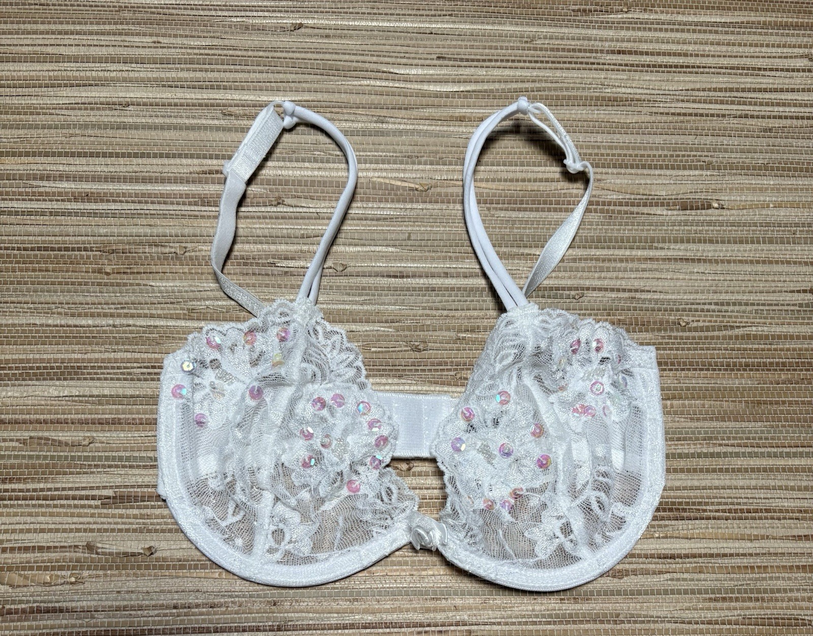 Frederick\'s of Hollywood 34C White Floral Sheer Lace Underwire Balconette Bra