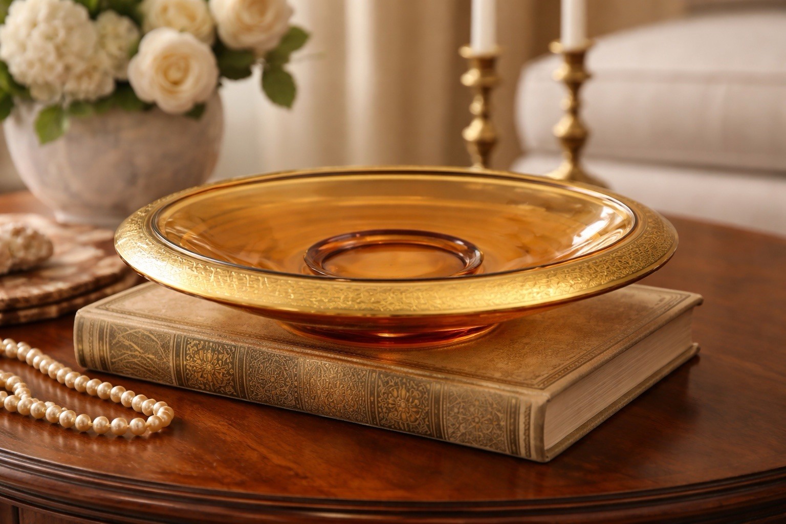 Antique Bohemian Art Deco Amber Glass Centerpiece Bowl, circa 1925–1935