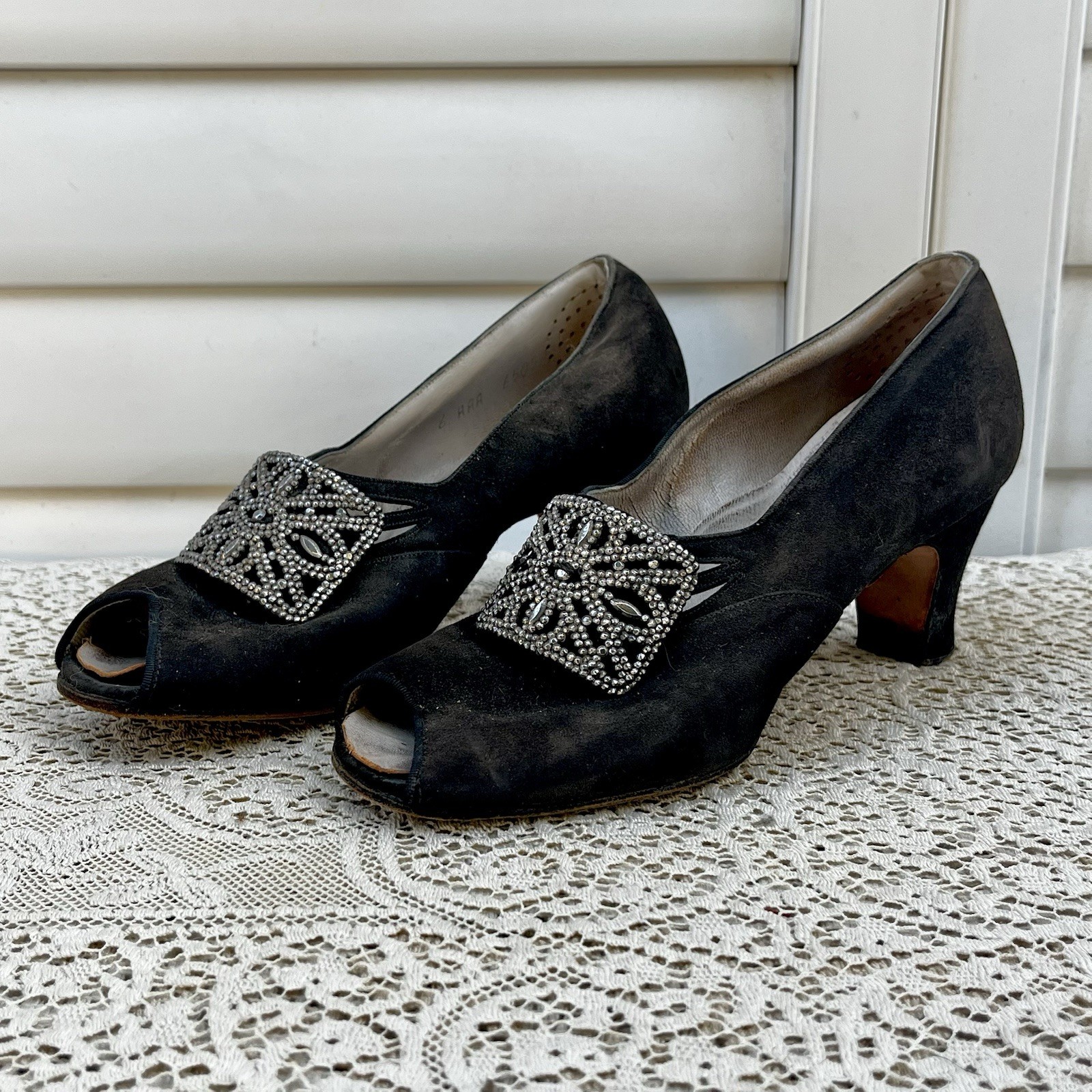 Vintage 1940s Black Suede Peep Toe Heels Rhinestone Buckles Art Deco Shoes