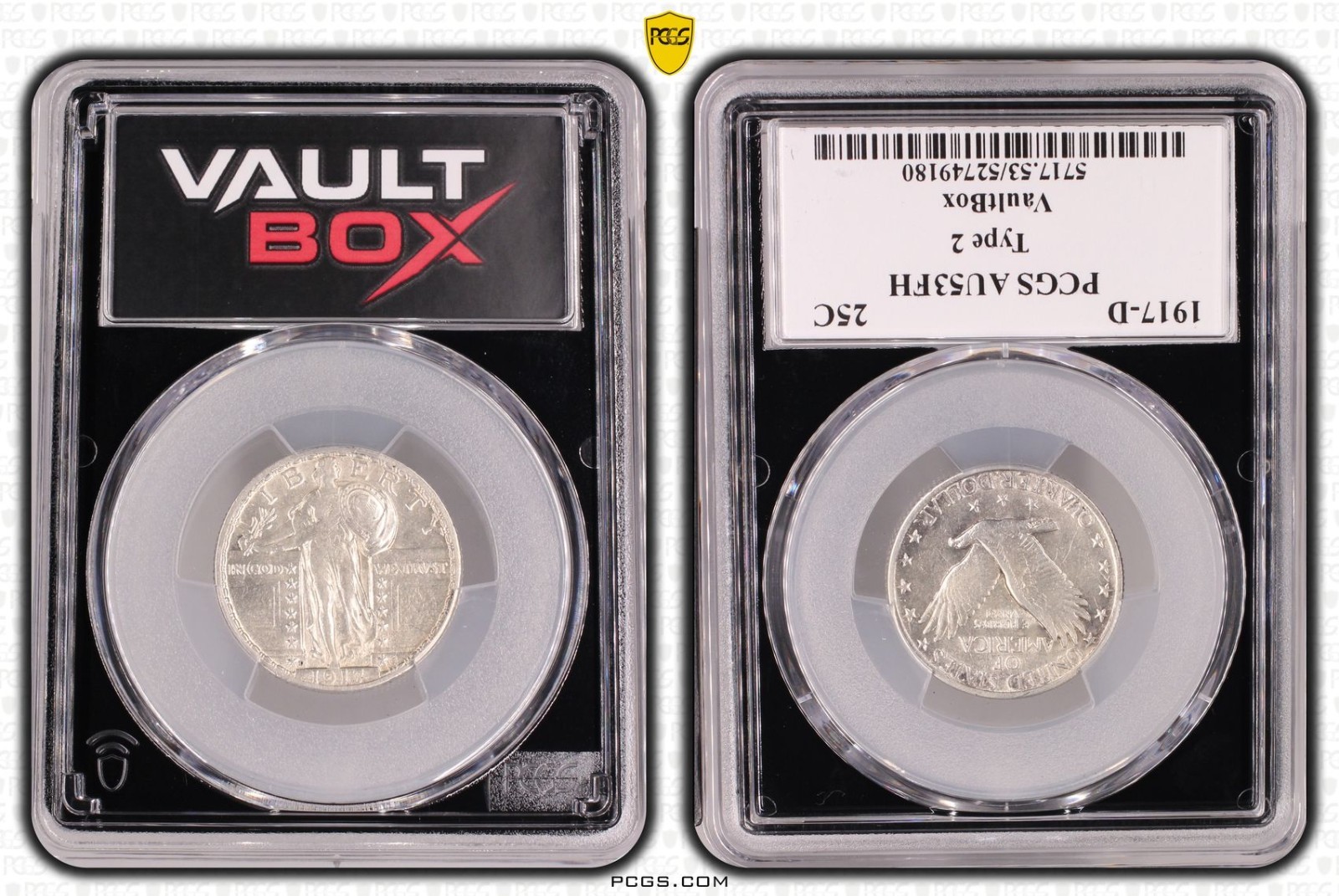 1917-D STANDING LIBERTY 25C Silver Quarter Vault Box PCGS AU53FH Full Head USA