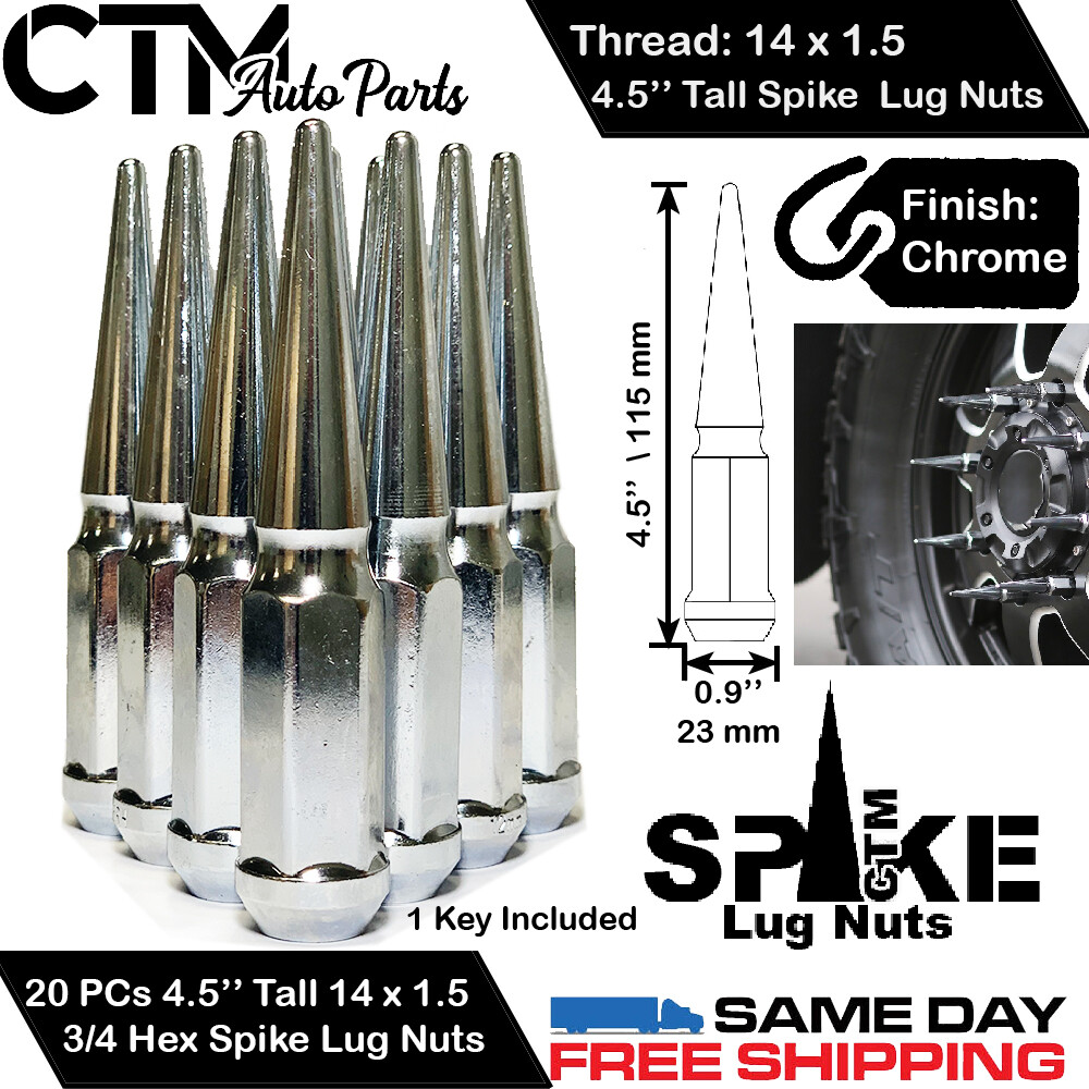 20PC 4.5\'\'CHROME 14X1.5 SPIKE LUG NUT +KEY FOR FORD F-150/EXPEDITION/EDGE MORE