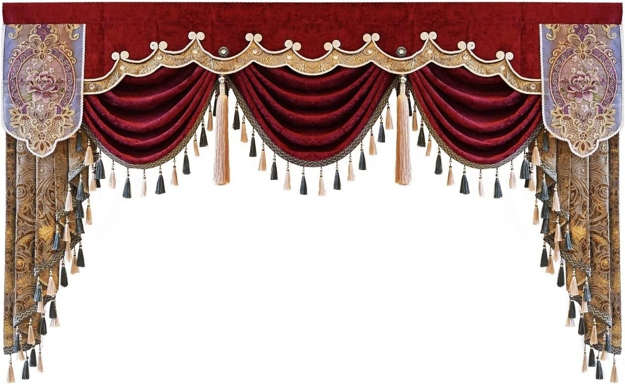 Luxury Burgundy Floral Embroidered Swag Valance Vintage European Villa Decor Luxury Burgundy Floral Embroidered Swag Valance Vintage European Villa Decor