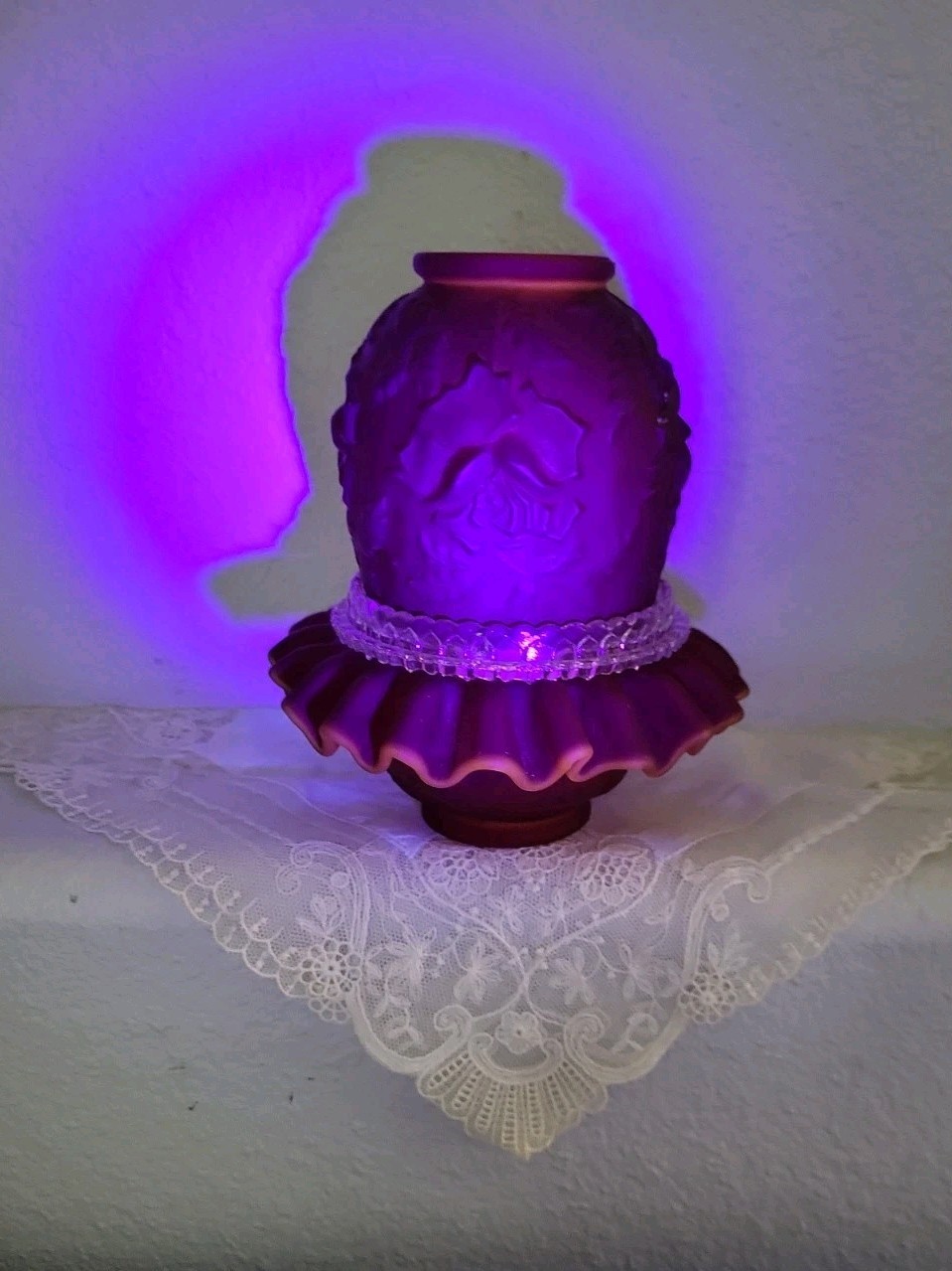 Vintage Fenton For LG Wright Embossed Rose Fairy Lamp 3 Piece Satin Red GLOWS Vintage Fenton For LG Wright Embossed Rose Fairy Lamp 3 Piece Satin Red GLOWS