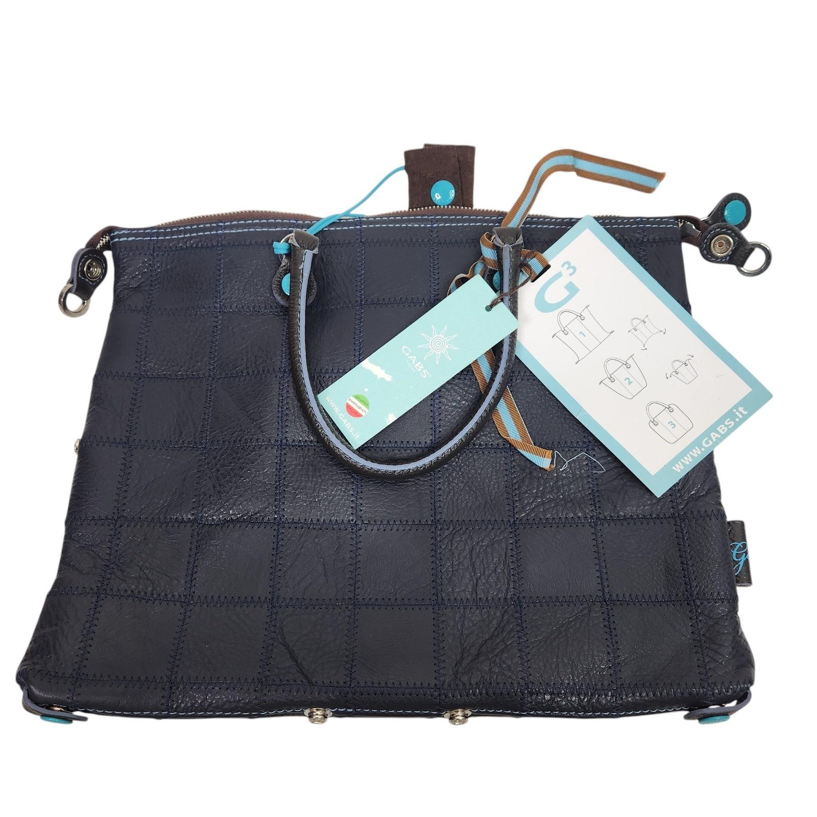 GABS G3 Tote Bag Womens Blue Leather Patchwork Convertible Italy G43