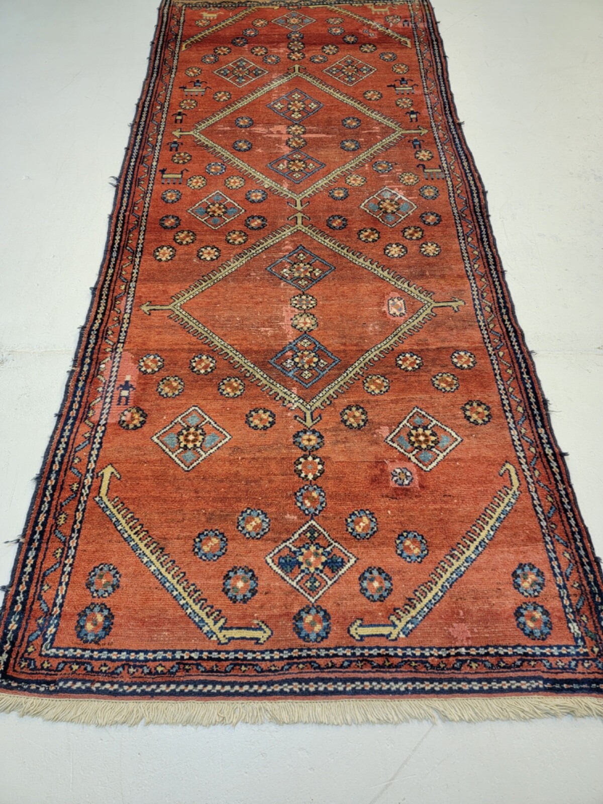 Antique Oriental Hand-Knotted Wool Runner Malayer Rust/Navy Blue 3\'8\