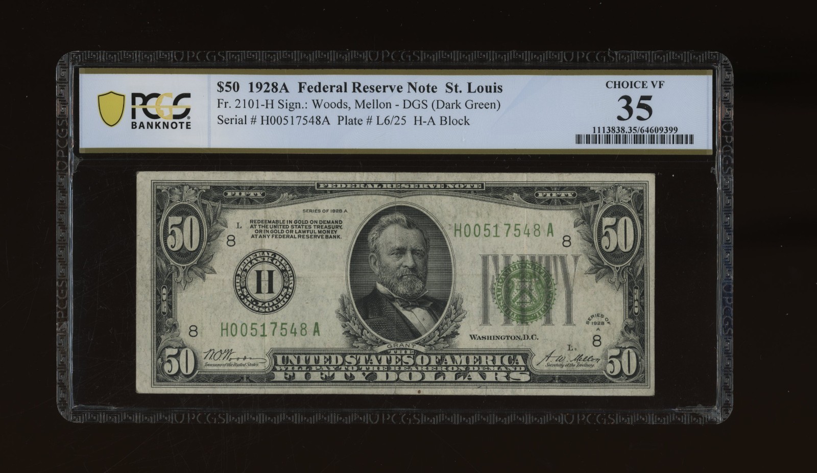 DBR 1928-A $50 DGS FRN St. Louis Fr. 2101-Hdgs PCGS-B 35 Serial H00517548A