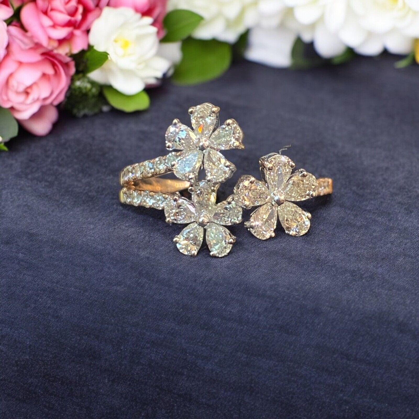 Stunning 1.45 TCW Pear Round Shape Diamonds Three-Flower Wedding Ring 14K Gold