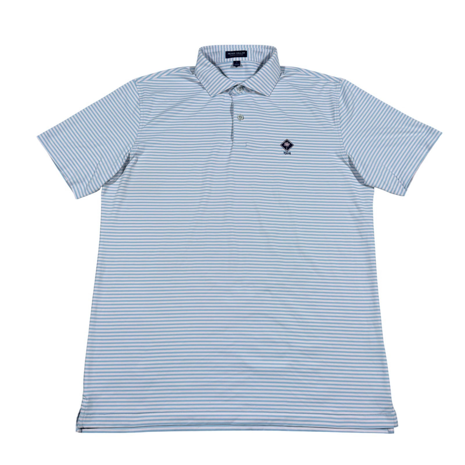 Peter Millar Crown Crafted Polo Mens Large Blue Striped 1924 Palm Golf Shirt